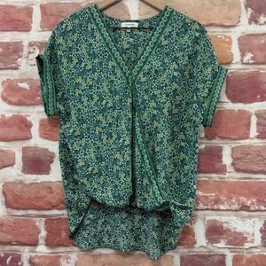 Max Studio Tunic Top Women's S Green Ditsy Floral Surplice Wrap High Low Shirt